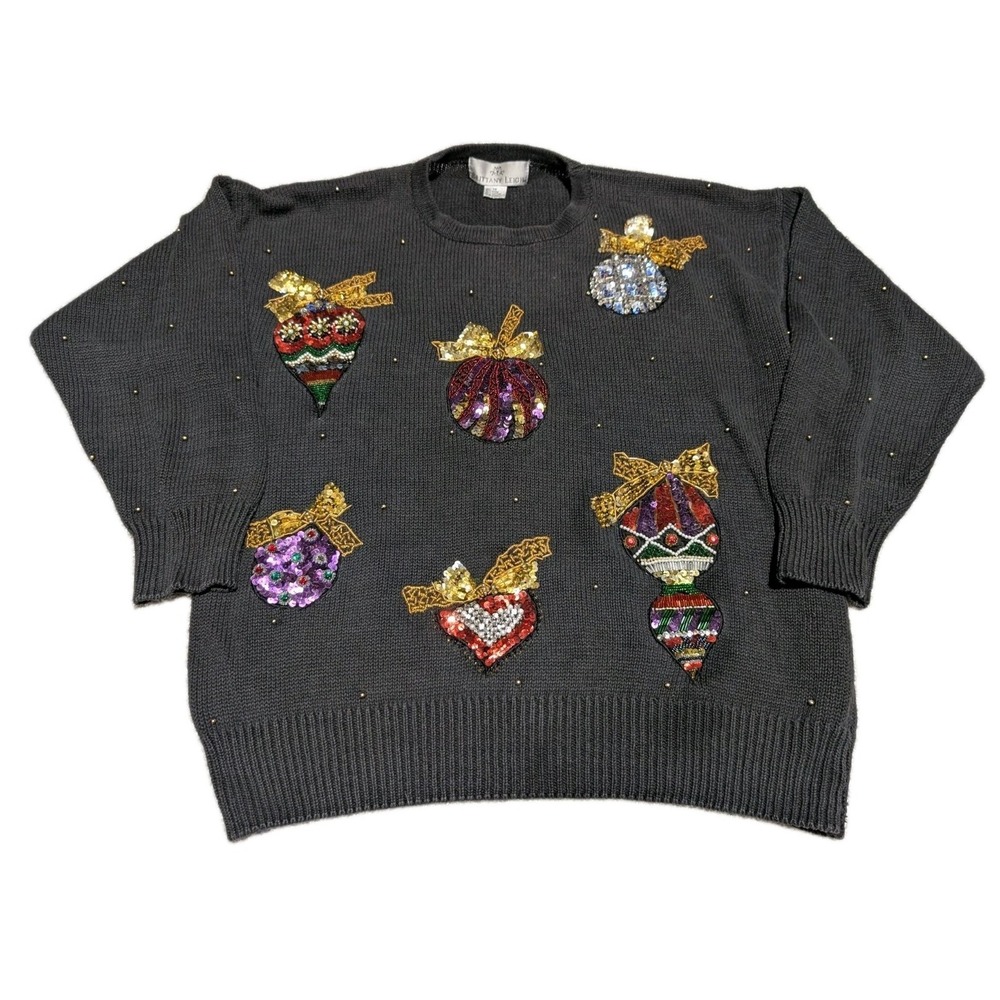 Vintage Brittany Leigh Black Beaded Knit ‎ Christmas Sweater Size 1X Bling